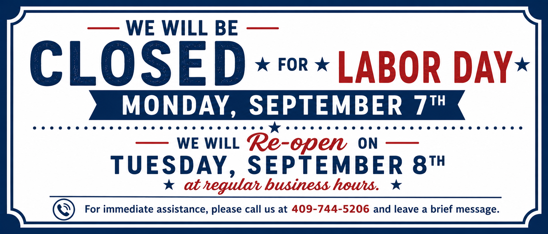 Labor Day HOURS - CLOSED