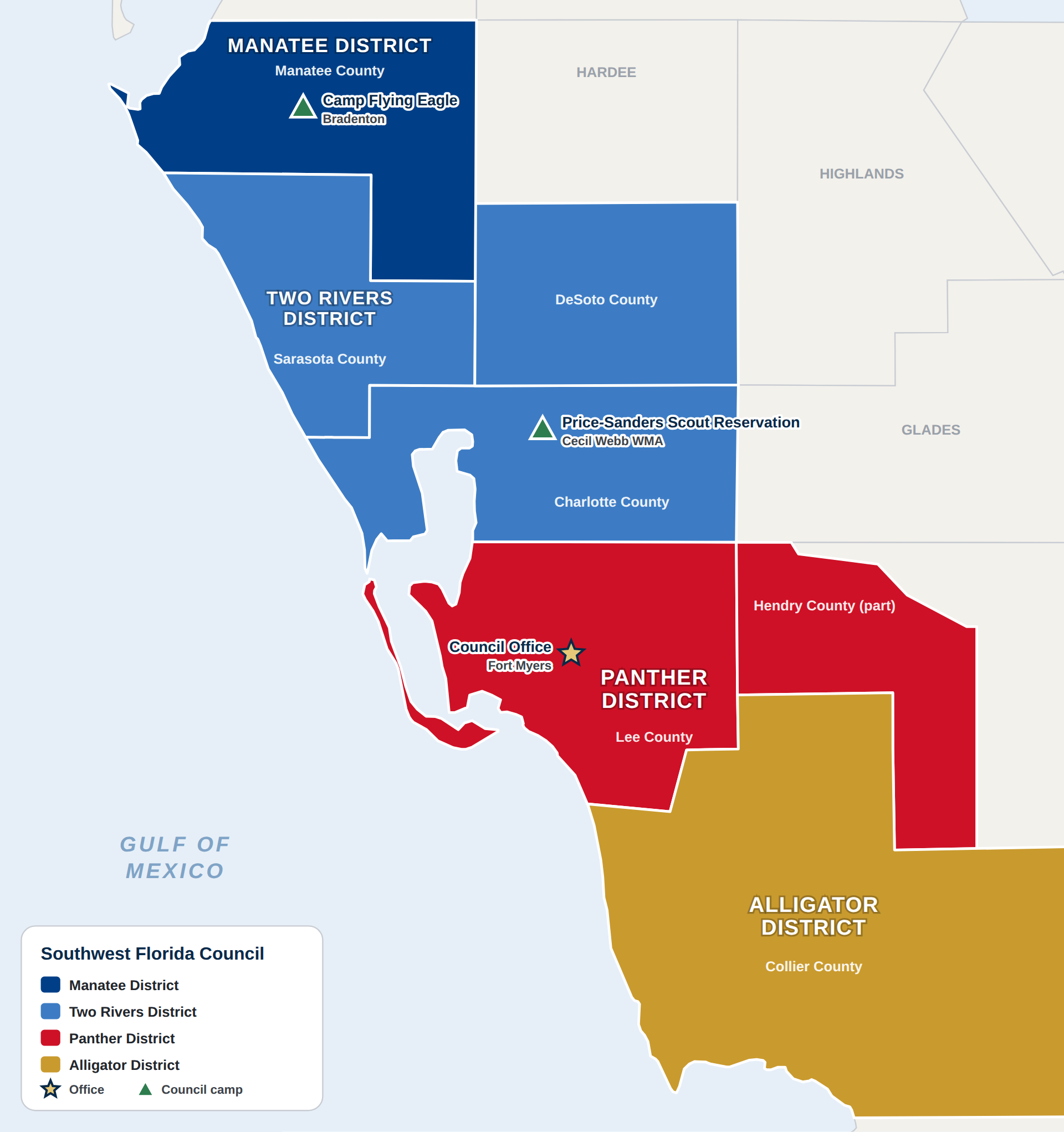Map of Southwest Florida Council districts: Manatee, Two Rivers, Panther, and Alligator