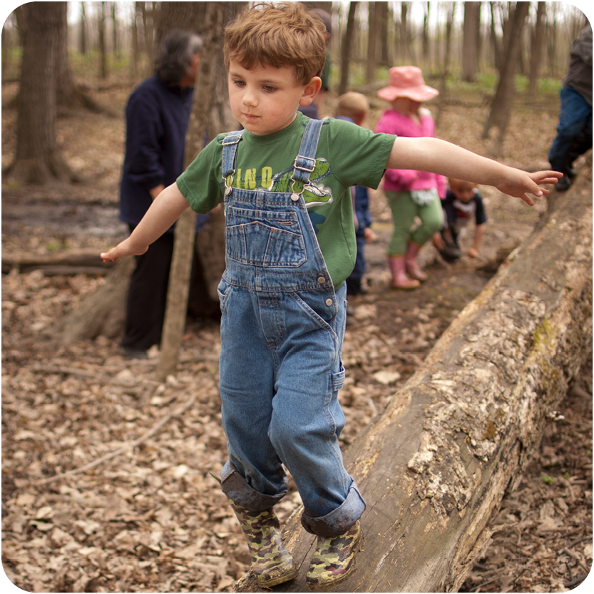 Young boy walking down a log with both arms out playing outside