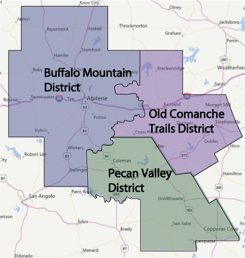 Texas Trails Council Map with Districts