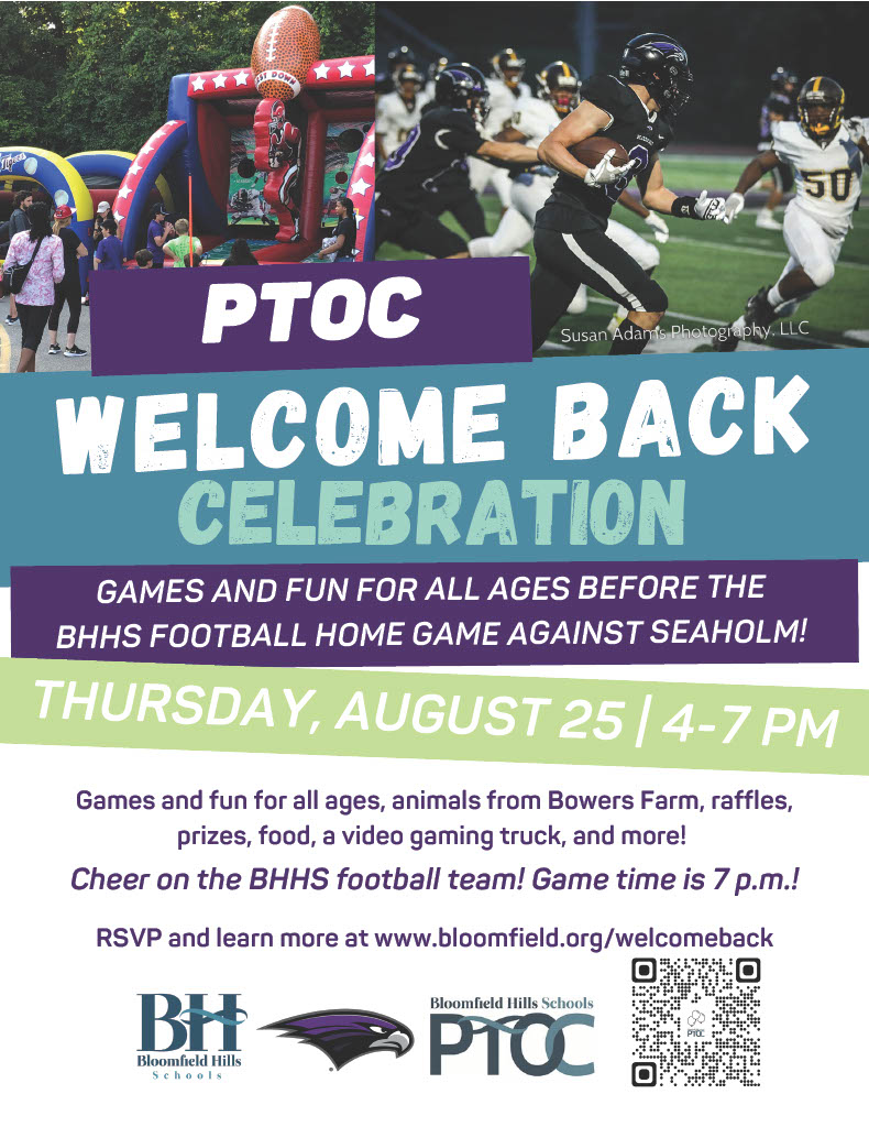 Start the 2022 school year by joining Bloomfield Hills Schools and the Bloomfield PTOC for games and fun for all ages including animal visits from Bowers Farm, raffles, prizes, food, a video gaming truck, and performances from students! Stay for the Black Hawks home football game against Seaholm at 7 p.m. at the BHHS stadium. Go Blackhawks! 