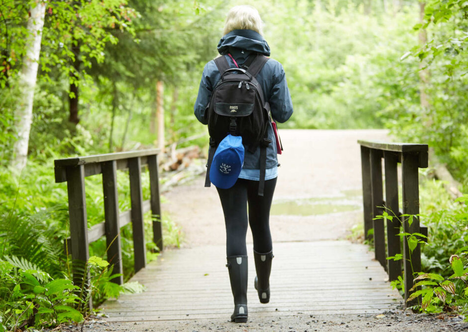 Photo of someone walking away from the camera in hiking gear.